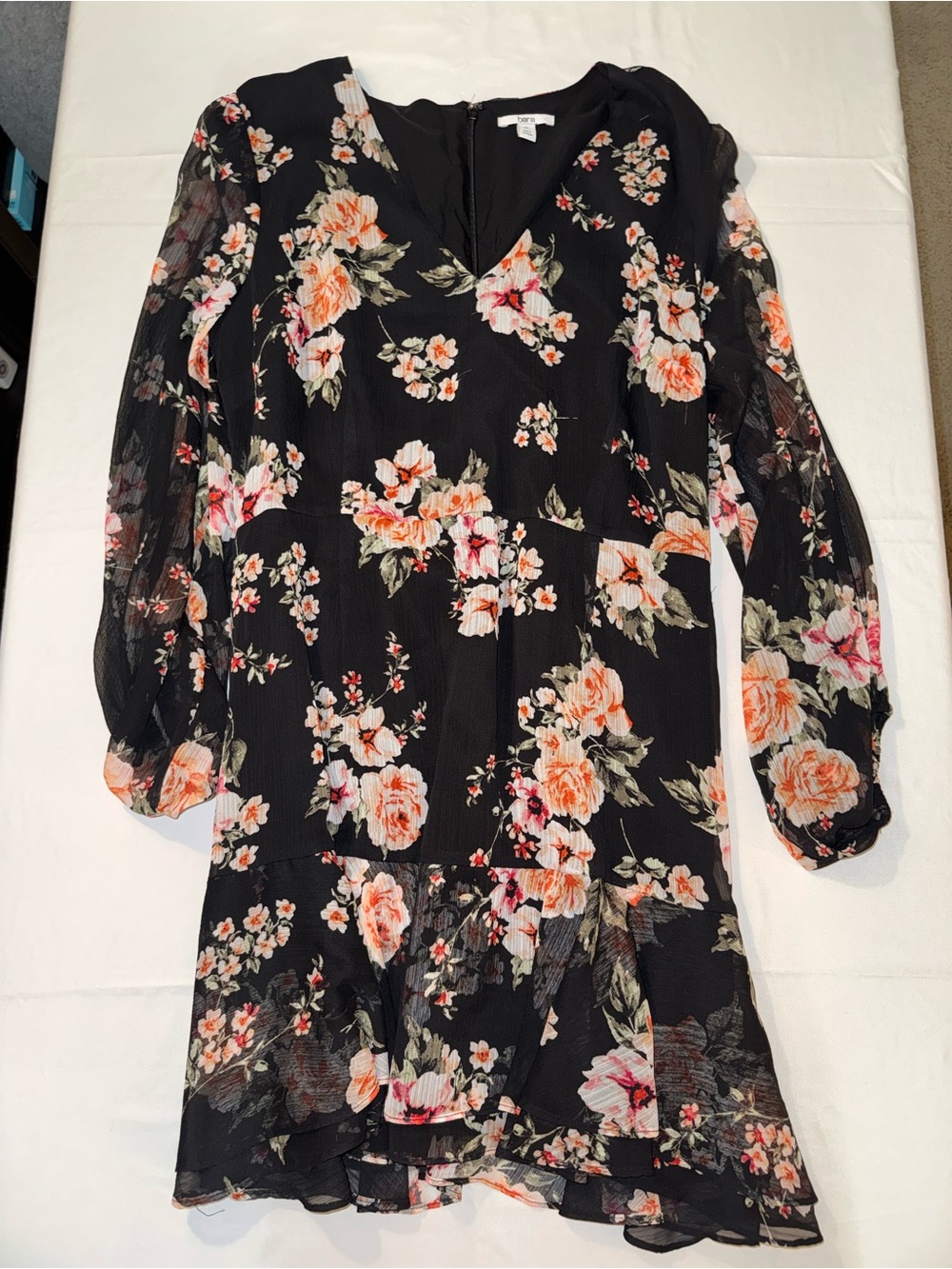 Bar III Black Floral V-Neck Long Sleeve Dress with Peach and Pink Blooms